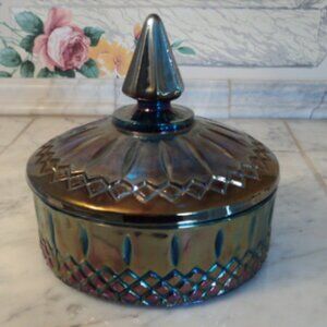 vintage Indiana glass iridescent blue lidded candy dish